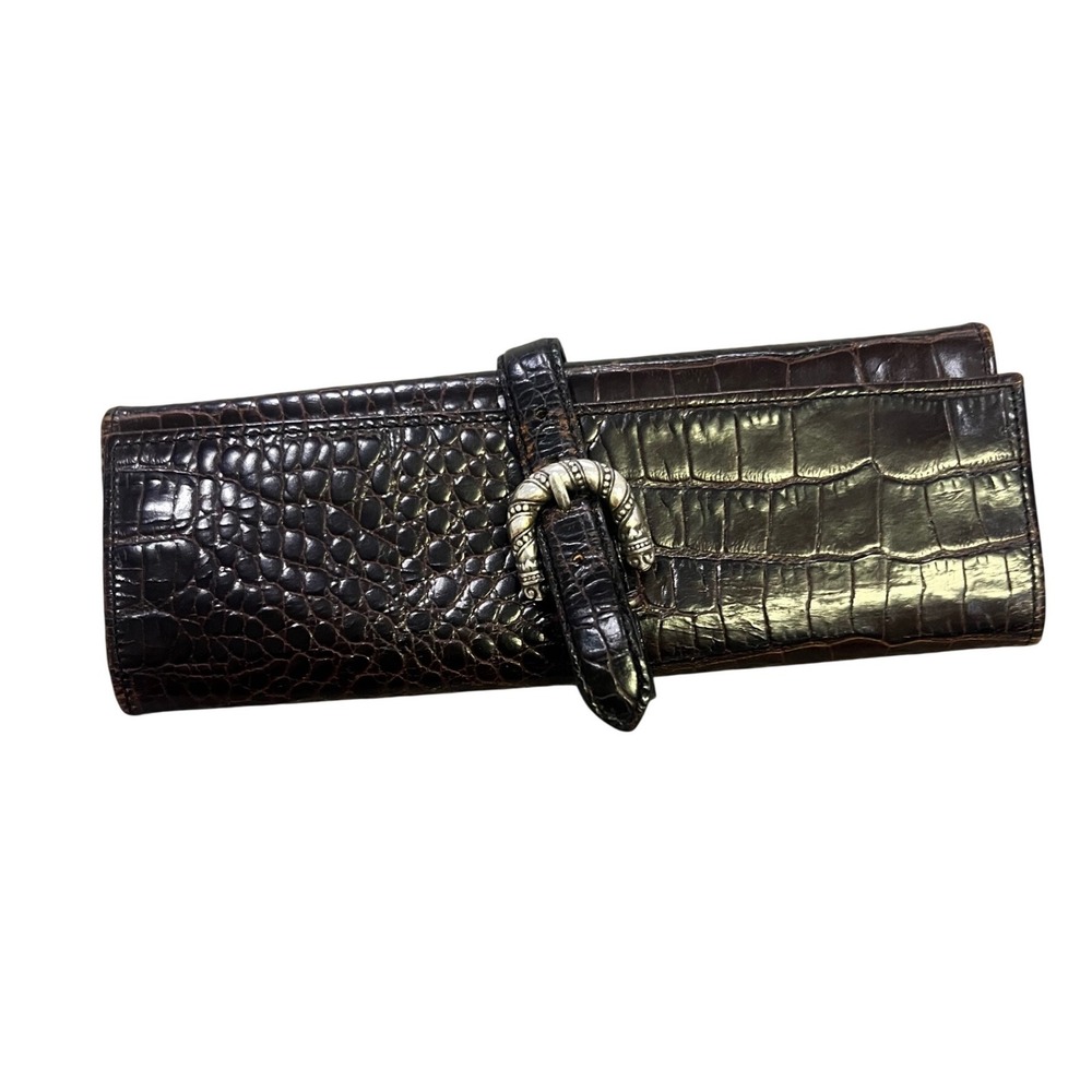 Brighton Dark Brown Croco Leather‎ Checkbook Holder Organizer Silver Heart